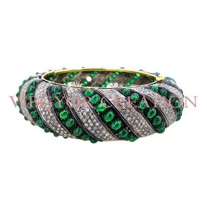 925 sterling silver pave diamond 14k gold emerald gemstone bangle jewelry