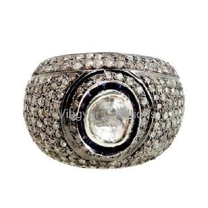 925 Sterling Silver Pave Rosecut Diamond Polki Round Band Fashion Ring Jewelry