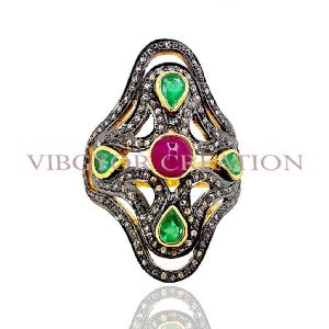 Pave Diamond Ruby Emerald 925 Sterling Silver Ring