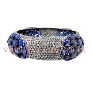 Blue sapphire gemstone pave diamond 925 sterling silver 14k gold bangle jewelry