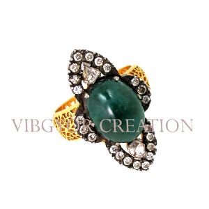 14k Gold Pave Diamond Emerald 925 Sterling Silver Ring