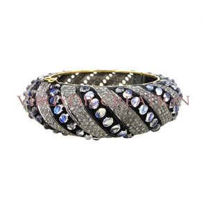Rainbow moonstone gemstone pave diamond 925 sterling silver 14k gold gemstone bangle