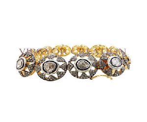 Rosecut Diamond Setted 925 Sterling Silver 14k Gold Link Bracelet Bangle Jewelry
