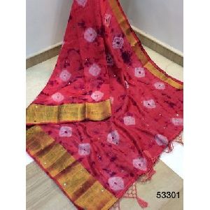 Red Printed Cotton Silk Saree
