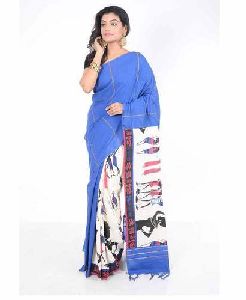 Khesh Cotton Blue Block Printed Saree
