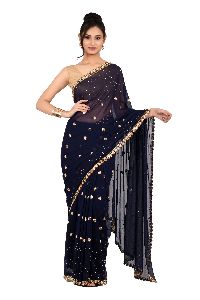 Navy Blue Embroidered Georgette Saree