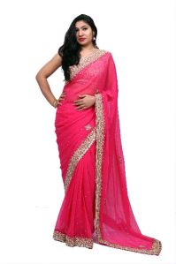 Pink Heavy Border Georgette Saree, Width : 42-44 Inch