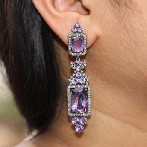 Genuine Pave Diamond Jewelry Amethyst Gemstone Earrings
