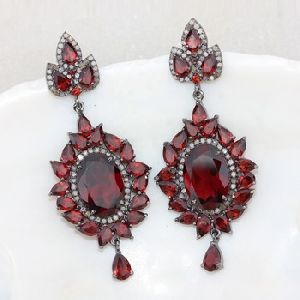 Genuine Pave Diamond Jewelry Garnet Gemstone Earrings