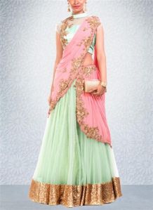 Sea Green Colored Raw Silk And Net Lehenga Set