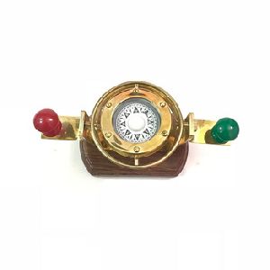 Antique Brass Polished Gimbled Compass on Wooden Base