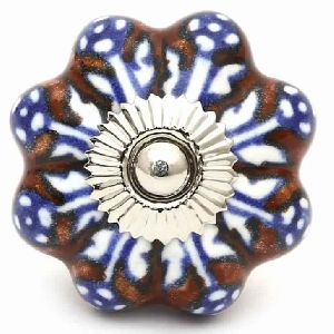 CERAMIC HANDCRAFTED BROWN BLUE & WHITE DESIGNED PUMPKIN KNOB