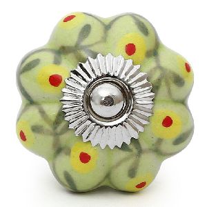 CERAMIC HANDCRAFTED LIGHT GREEN YELOW & RED SPOTS DESIGNED PUMPKIN KNOB