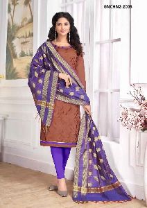 Brown Colour Cotton Embroidery Unstitched Dress Material