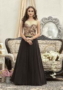 Brown Colour Jacquard Embroidered Stitched Gown