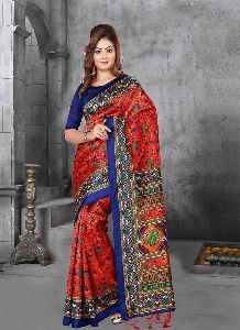 Red and Blue Colour Crepe Silk Patola Saree With Unstitched Blouse