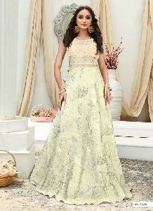White Colour Jacquard Embroidered Stitched Gown