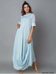 Blue Cotton mal Solid Party Knee-Long Kurti