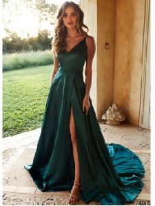 Blue Satin Self Ceremony A-Line Gown