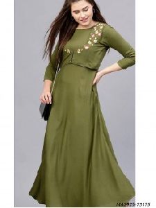 Green Cotton Solid Party Knee-Long Kurti