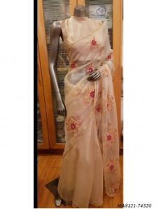 Peach Organza Hand Work Wedding Designer Saree