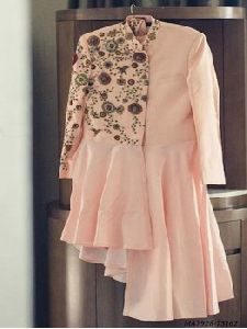 Pink Cotton Embroidery Party Knee-Long Kurti