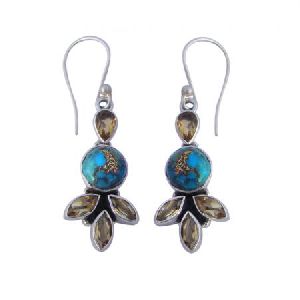 925 STERLING SILVER CITRINE and TURQUOISE HANDMADE WOMEN'S DANGLE EARRING