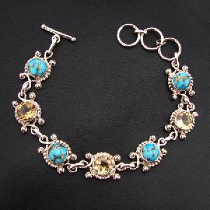 925 STERLING SILVER HAND CRAFTED CITRINE and TURQUOISE BRACELET