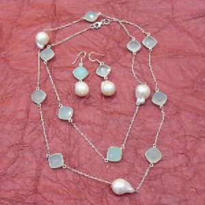 PEARL and AQUA CHALCEDONY 925 STERLING SILVER NECKLACE