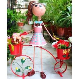 Big Girl Red bicycle Two pots Metal planters