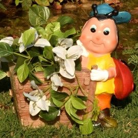 Gnome Girl Ladybird with cap holding Flower Pot / Planter