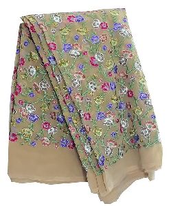 pink green blue embroidery Beige georgette fabric