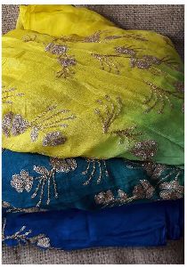 Chiffon Fabric by Meter Yellow Blue Shaded Gold Embroidery Dress Material Kurti