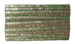 Green Thread Base Silver Glitter On Edges Gold Embroidered Mirror Stone Work Thread Base Lace