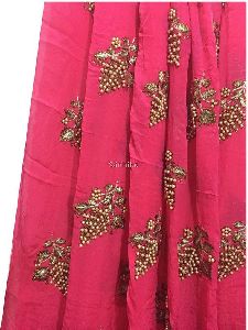 Kurti Material Blouse Fabric by meter Dark Pink Chiffon cream pearls embroidery