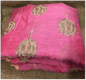 Silverish Gold Embroidery Pink Cotton Fabric Material