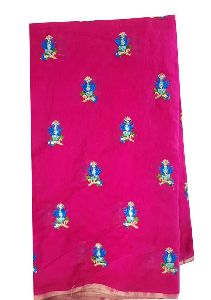 Rani Pink Chanderi Cotton Fabric By Meter Blue Tulip Embroidery Dress Material