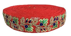 Red Cotton Mix Base Gold Seqins Green Blue Embroidery Cotton Mix Lace