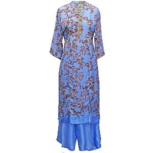 BLUE SATIN PRINTED ENSEMBLE