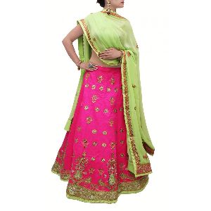 FUSCIA PINK LEHENGA WITH LIME GREEN DUPATTA