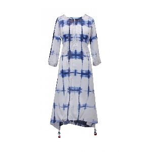 SHIBORI ASYMMETRIC TUNIC WITH RED POM-POMS