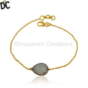 Cz Aqua Chalcedony Gemstone Gold Plated Silver Chain Bracelet