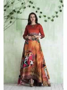 Silk Brown and Multi Printed Gown