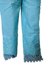Blue Palazzo Pants with Hakoba Embroidery and Designer Lace
