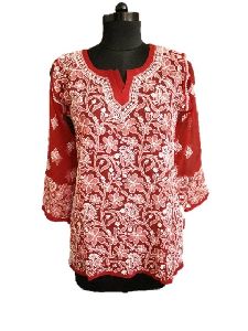 Maroonish Red Georgette Top With White Chikankari Embroidery