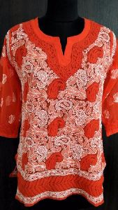 Orange Georgette top in Lucknow Embroidery