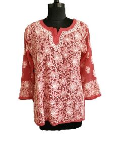 Pinkish Red Georgette Top With White Chikankari Embroidery