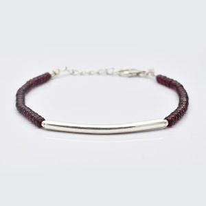 Garnet Beads Silver Bar Bracelet