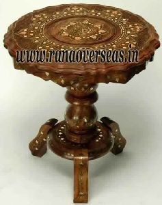 Sheesham Wood Hand Carved Brass Inlay Pillar Table