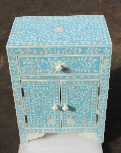 Sky Blue Bone Inlay One Drawer Two Door Bedside Table
